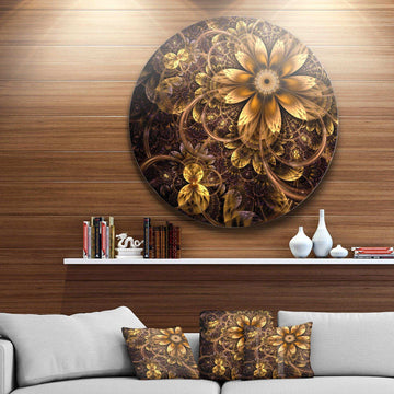 Fractal Dark Yellow Flower - Floral Round Metal Wall Art